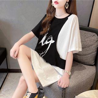 Short-sleeve Two-tone Panel Mini T-shirt Dress