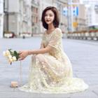 Set: Embroidered Mesh Short-sleeve A-line Midi Dress + Strappy Dress