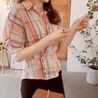 3/4-sleeve Wrap-front Checked Blouse