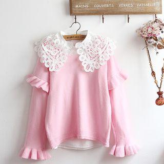 V-neck Ruffle Trim Sweater / Lace Collar Shirt