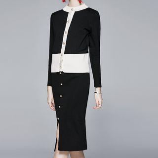 Set: Contrast Trim Cardigan + Knit Straight-fit Skirt Cardigan - Black - One Size / Skirt - Black - One Size