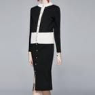 Set: Contrast Trim Cardigan + Knit Straight-fit Skirt Cardigan - Black - One Size / Skirt - Black - One Size