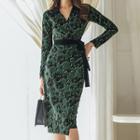 Long-sleeve Printed Collared Wrap Dress