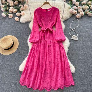Long-sleeve Round-neck Cutout Lace Dress