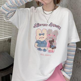 Long-sleeve Mock Two-piece Rabbit Print T-shirt