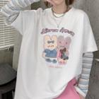 Long-sleeve Mock Two-piece Rabbit Print T-shirt