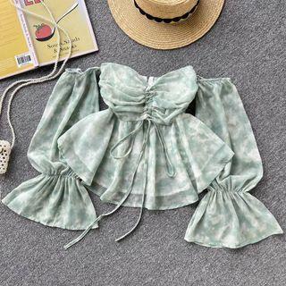 Long-sleeve Off-shoulder Print Drawstring Top