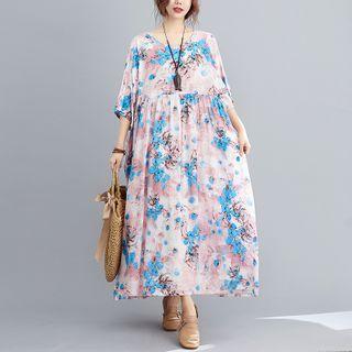 Elbow-sleeve Floral Maxi A-line Dress Sky Blue - One Size