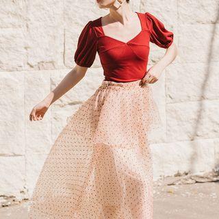 Set: Short-sleeve Top + Polka Dot Midi Skirt