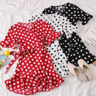 Ruffled Dotted A-line Dress With Sash