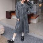 Long-sleeve Collar Plaid Midi A-line Dress