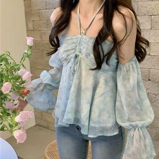 Off-shoulder Drawstring Blouse Blue - One Size