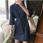 Elbow-sleeve Tie-waist Mini A-line Dress Dark Blue - One Size