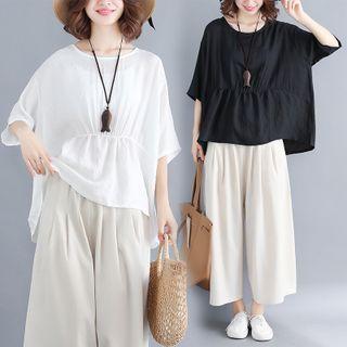 Set: Elbow-sleeve Plain Top + Wide-leg Pants