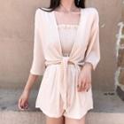 Set: Shirred Camisole Top + High Waist Shorts + Open-front Jacket