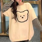 Loose-fit Striped Sleeve Bear Printed Sweater