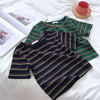 Color-block Striped Kintted Short-sleeve Top