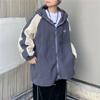 Lettering Embroidered Contrast Trim Hooded Zip Fleece Jacket
