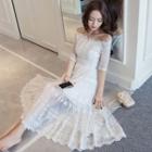 Off-shoulder Elbow-sleeve Midi Lace Dress