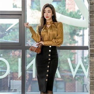 Choker-neck Puff-sleeve Satin Blouse