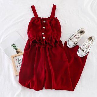 Set: Ruffle-trim Top + High-waist Wide-leg Pants