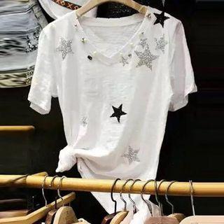 Embellished Star V-neck Short-sleeve T-shirt