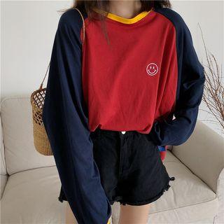 Long-sleeve Colour Block Embroidered T-shirt