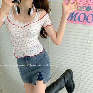 Short-sleeve Floral T-shirt As Shown In Figure - One Size