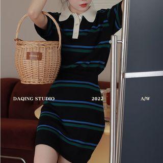 Short-sleeve Striped Polo Shirt / Mini Sheath Dress