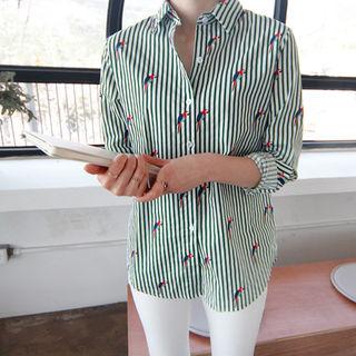 Birds Print Stripe Shirt