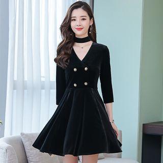 V-neck 3/4-sleeve Velvet A-line Dress