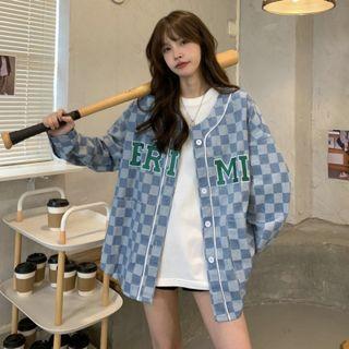Checkered Lettering Baseball Jacket Checked - Blue - One Size