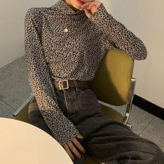 Long-sleeve Leopard Print T-shirt Leopard - Gray - One Size