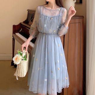 Set: Long-sleeve Glitter Mesh A-line Dress + Slipdress
