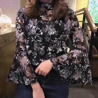 Floral Lace Mock Neck Long Sleeve Top With Camisole Top