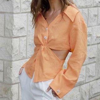 Long Sleeve V-neck Cut-out Shirt