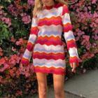 Long Sleeve Wave Print Color-block Knit Mini Dress
