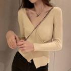 Long-sleeve V-neck Cross-strap Slit Hem Slim Fit Knit Top