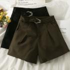 Belted-waistline Wide-leg Wool Shorts