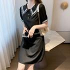 Puff-sleeve Lace Trim A-line Shirtdress