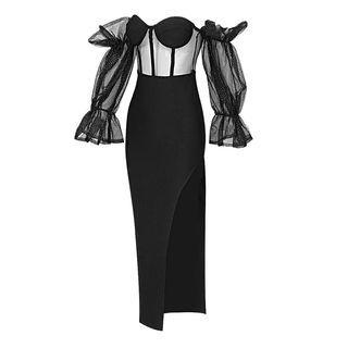 Bell-sleeve Off-shoulder Slit Maxi Sheath Dress