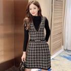 Knit Top / Plaid Pinafore Dress / Set