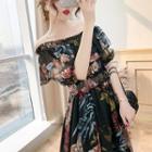 Elbow-sleeve Off-shoulder Floral Print Chiffon Dress