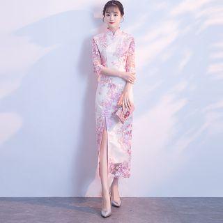 Elbow-sleeve Embroidered Qipao Midi Dress