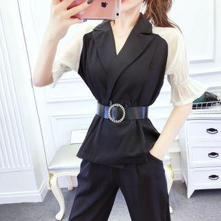 Set: Two-tone Short-sleeve Blouse + Cropped Straight-fit Pants