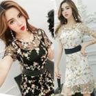 Set: Flower Embroidered Short Sleeve Mesh Dress + Slipdress + Belt