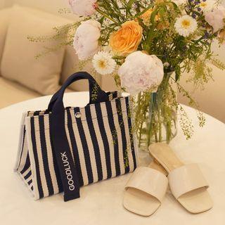 Letter-embroidered Stripe Tote Bag