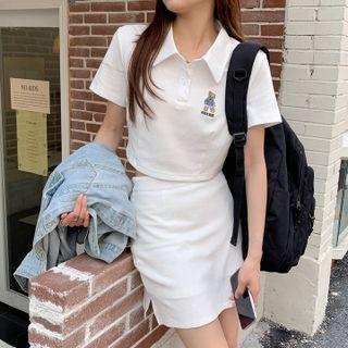 Set: Short-sleeve Bear Embroidered Collared T-shirt + Mini Pencil Skirt