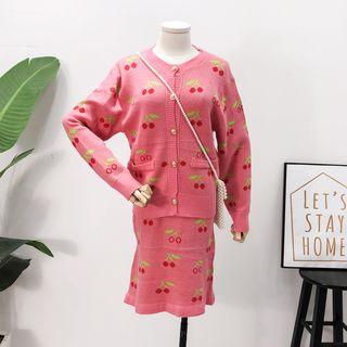 Set: Cherry-print Knit Cardigan + Midi Skirt Pink - One Size