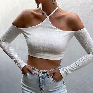 Halter Long-sleeve Off-shoulder T-shirt